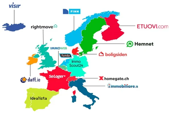 Європейські країни з логотипом провідного сайту нерухомості